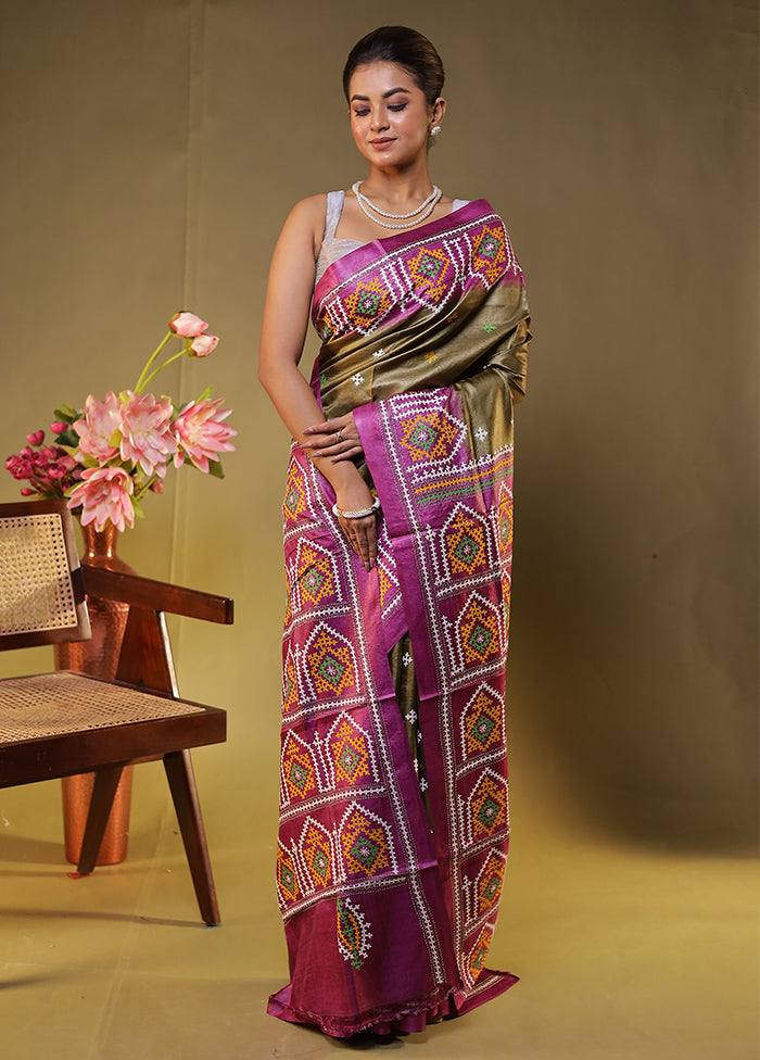 Multicolor Handloom Kantha Stitch Pure Silk Saree With Blouse Piece