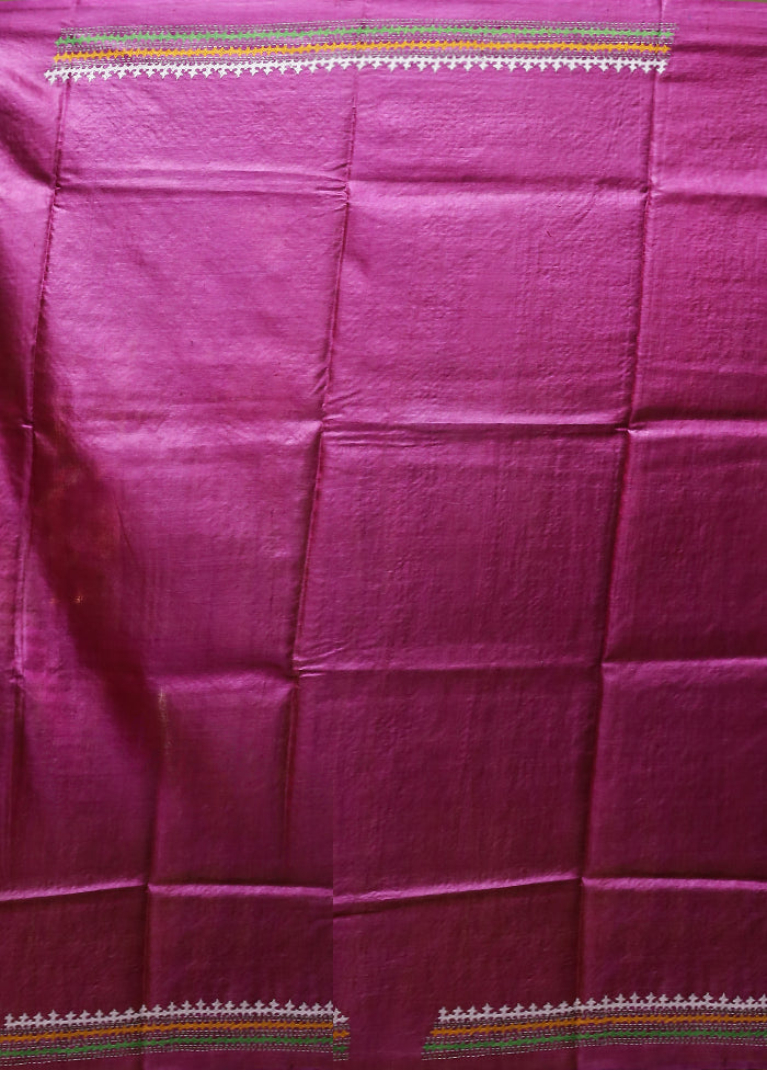Multicolor Handloom Kantha Stitch Pure Silk Saree With Blouse Piece