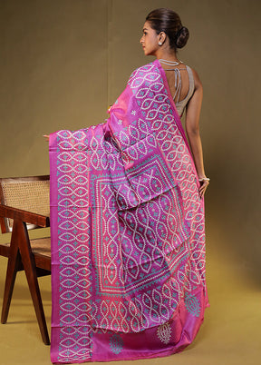 Purple Handloom Kantha Stitch Pure Silk Saree With Blouse Piece