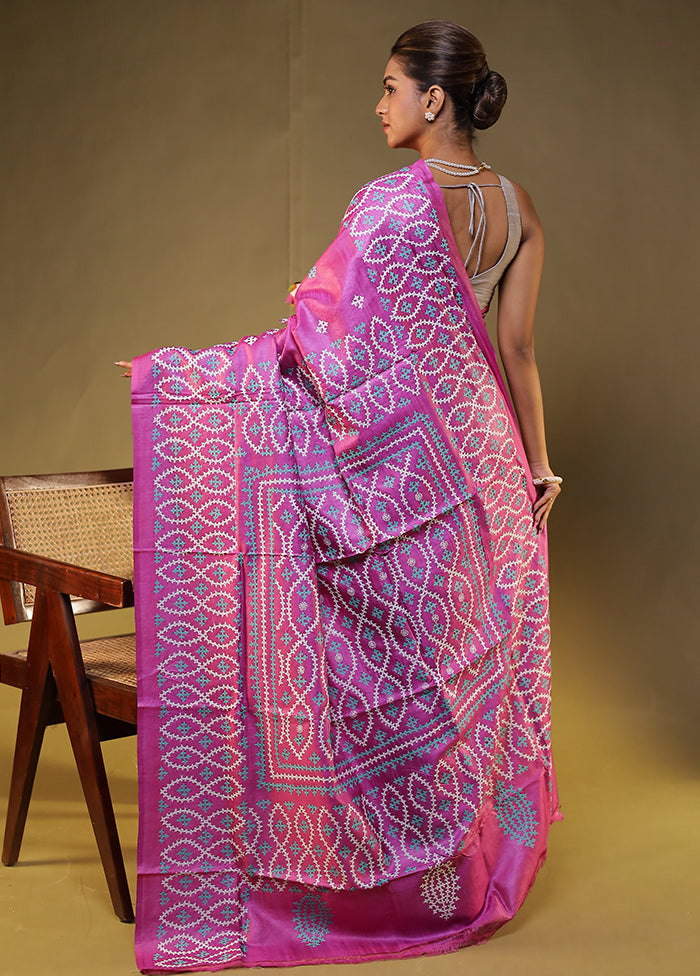 Purple Handloom Kantha Stitch Pure Silk Saree With Blouse Piece