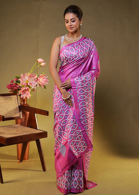 Purple Handloom Kantha Stitch Pure Silk Saree With Blouse Piece