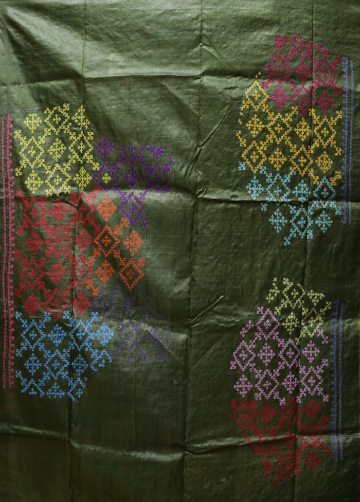 Green Handloom Kantha Stitch Pure Silk Saree With Blouse Piece