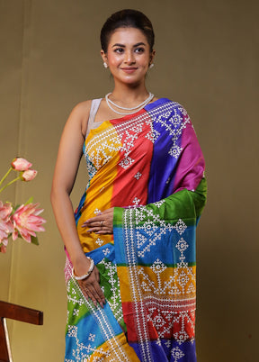 Multicolor Handloom Kantha Stitch Pure Silk Saree With Blouse Piece