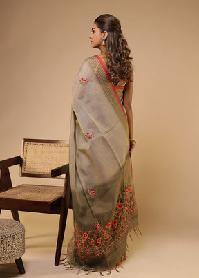 Cream Linen Silk Saree With Blouse Piece