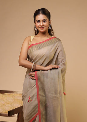 Cream Linen Silk Saree With Blouse Piece