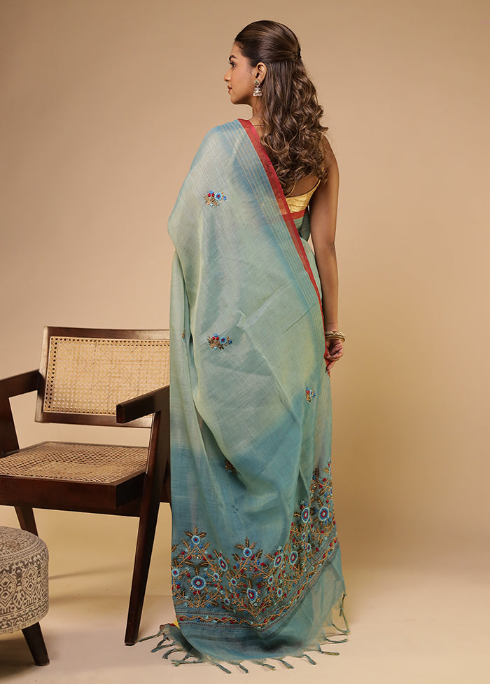 Blue Linen Silk Saree With Blouse Piece