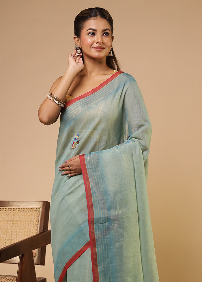 Blue Linen Silk Saree With Blouse Piece