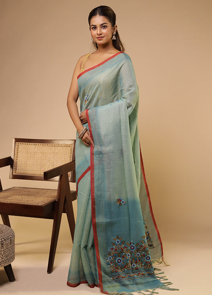 Blue Linen Silk Saree With Blouse Piece
