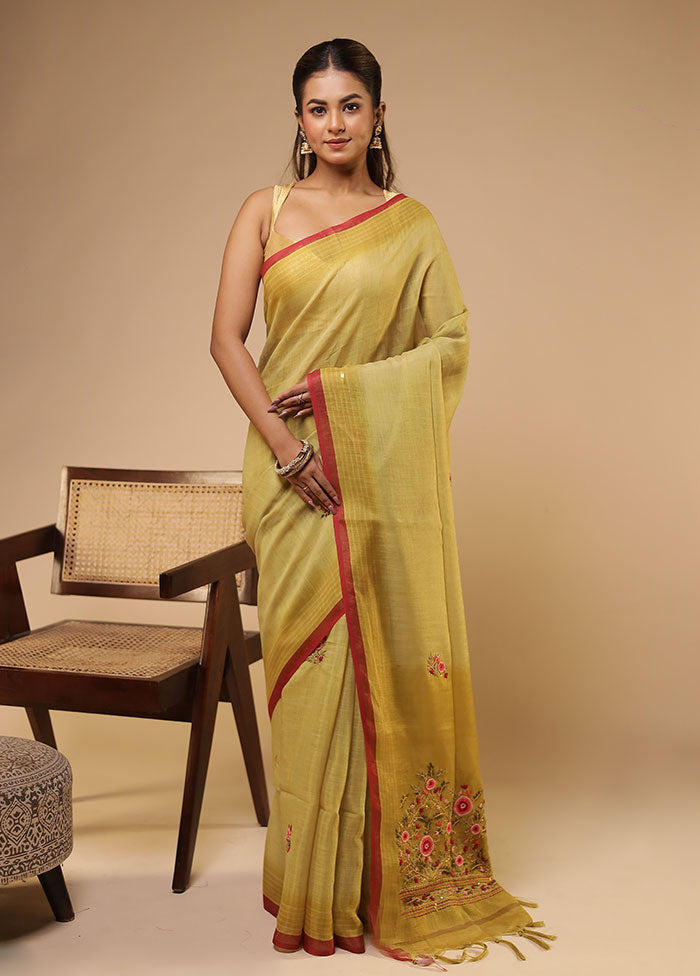 Green Linen Silk Saree With Blouse Piece