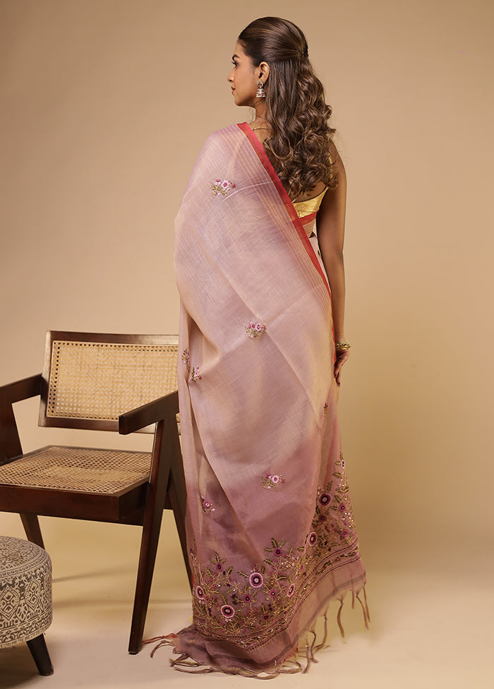 Cream Linen Silk Saree With Blouse Piece