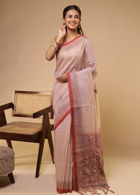 Cream Linen Silk Saree With Blouse Piece