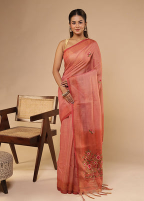 Pink Linen Silk Saree With Blouse Piece