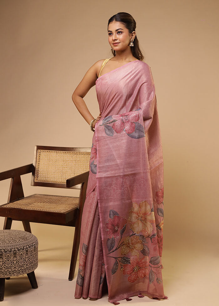 Pink Linen Silk Saree With Blouse Piece