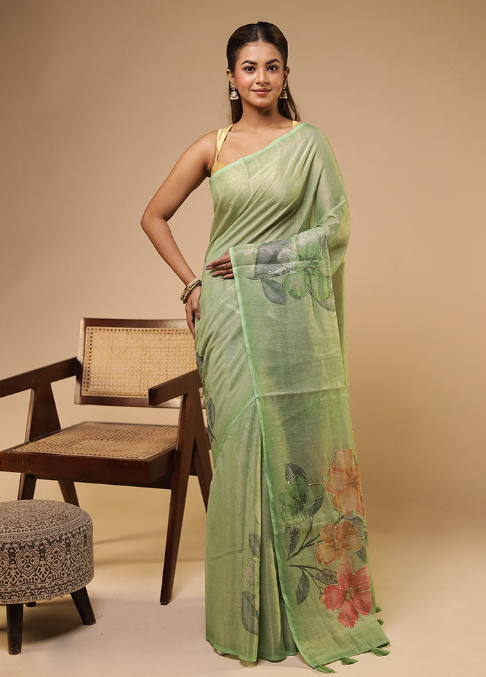 Green Linen Silk Saree With Blouse Piece