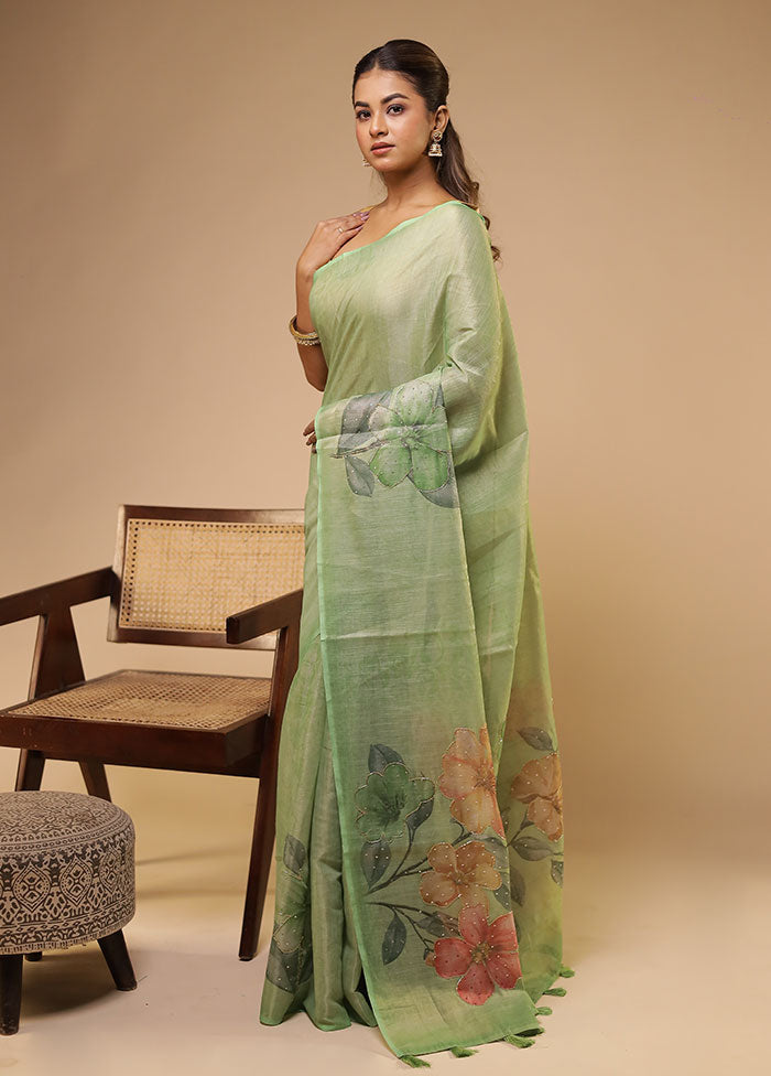 Green Linen Silk Saree With Blouse Piece