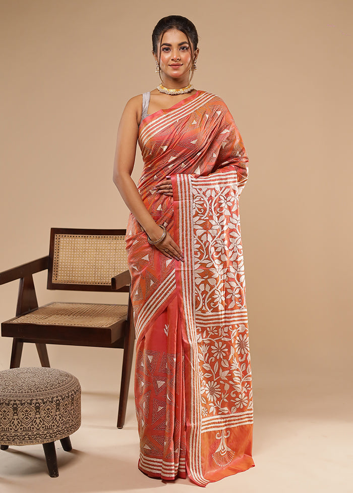 Peach Kantha Stitch Silk Saree With Blouse Piece