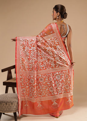 Peach Kantha Stitch Silk Saree With Blouse Piece