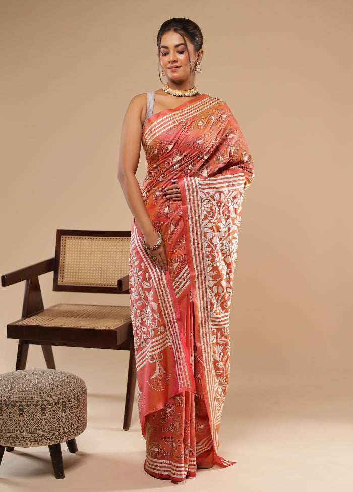 Peach Kantha Stitch Silk Saree With Blouse Piece