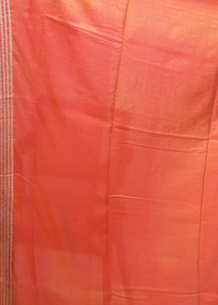 Peach Kantha Stitch Silk Saree With Blouse Piece