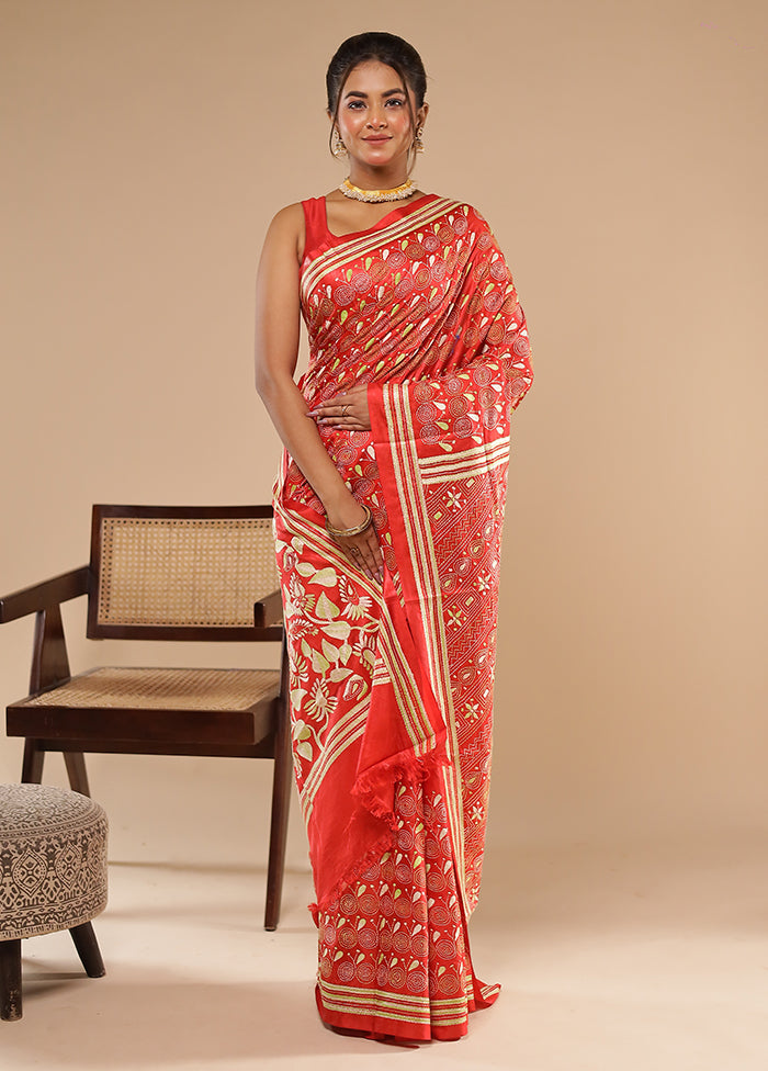 Red Kantha Stitch Silk Saree With Blouse Piece