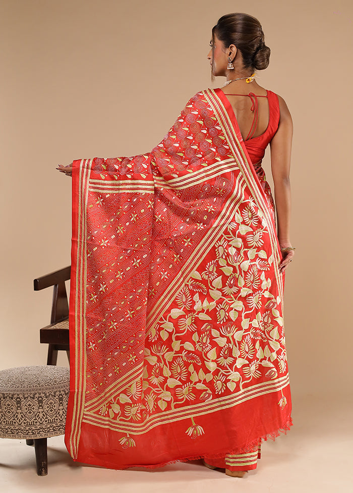 Red Kantha Stitch Silk Saree With Blouse Piece