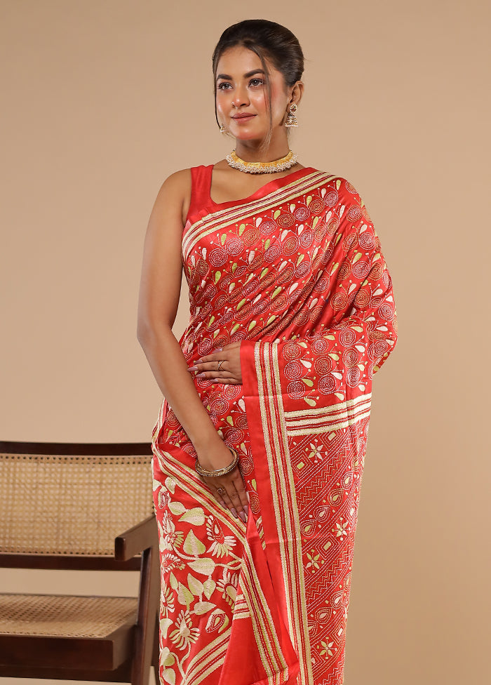 Red Kantha Stitch Silk Saree With Blouse Piece