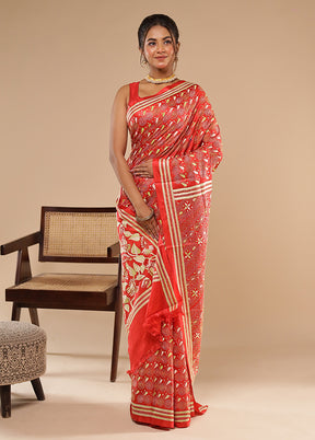 Red Kantha Stitch Silk Saree With Blouse Piece