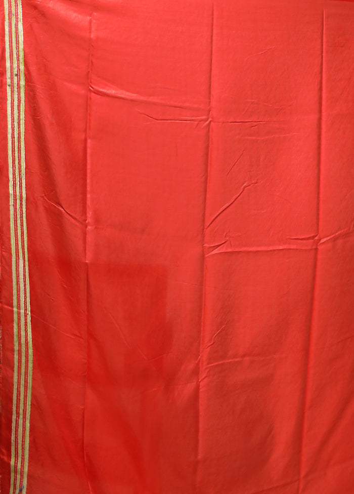 Red Kantha Stitch Silk Saree With Blouse Piece