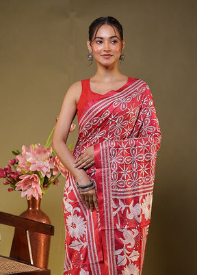 Red Kantha Stitch Silk Saree With Blouse Piece
