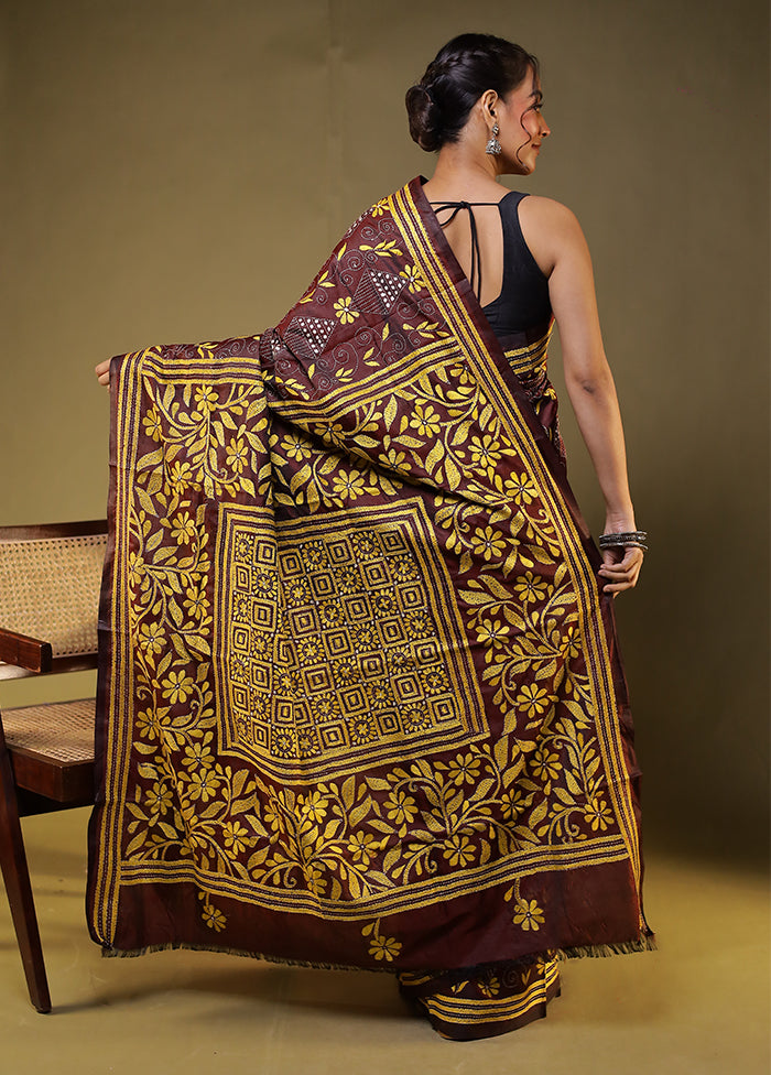 Multicolor Kantha Stitch Silk Saree With Blouse Piece