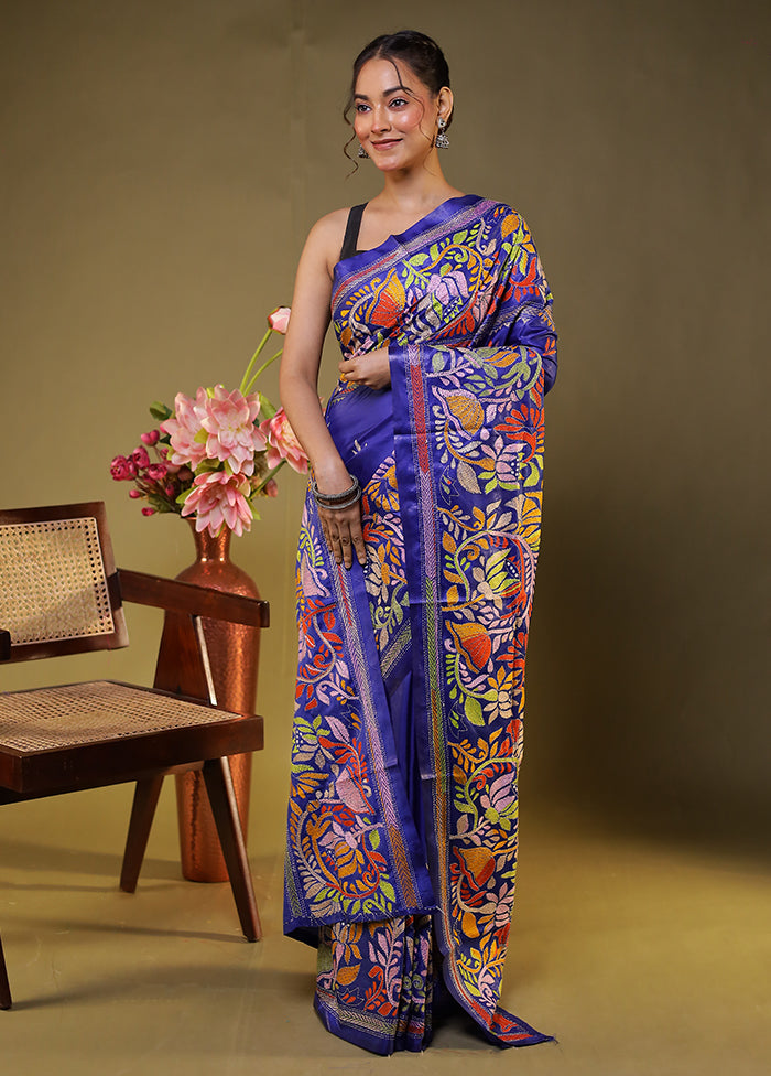 Blue Kantha Stitch Silk Saree With Blouse Piece