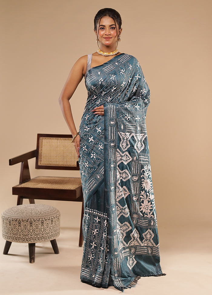 Grey Kantha Stitch Silk Saree With Blouse Piece