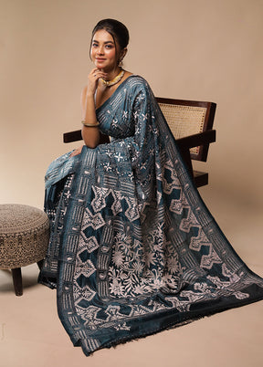 Grey Kantha Stitch Silk Saree With Blouse Piece