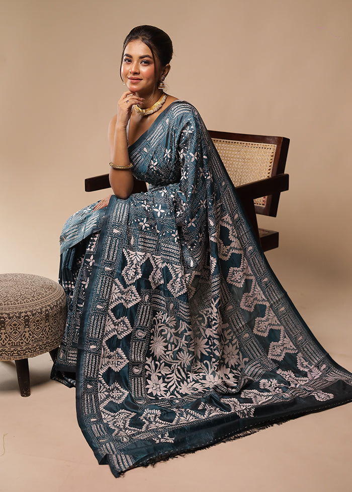 Green Kantha Stitch Silk Saree With Blouse Piece