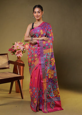 Pink Kantha Stitch Silk Saree With Blouse Piece