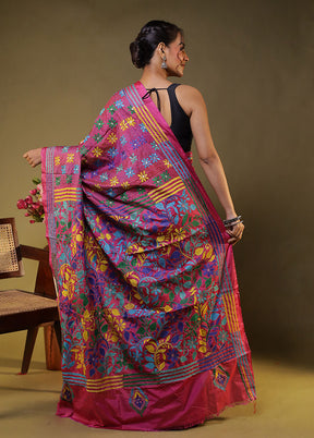 Multicolor Kantha Stitch Silk Saree With Blouse Piece
