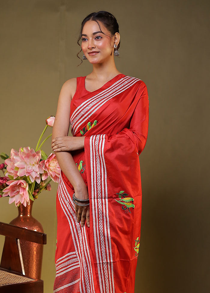 Red Kantha Stitch Silk Saree With Blouse Piece