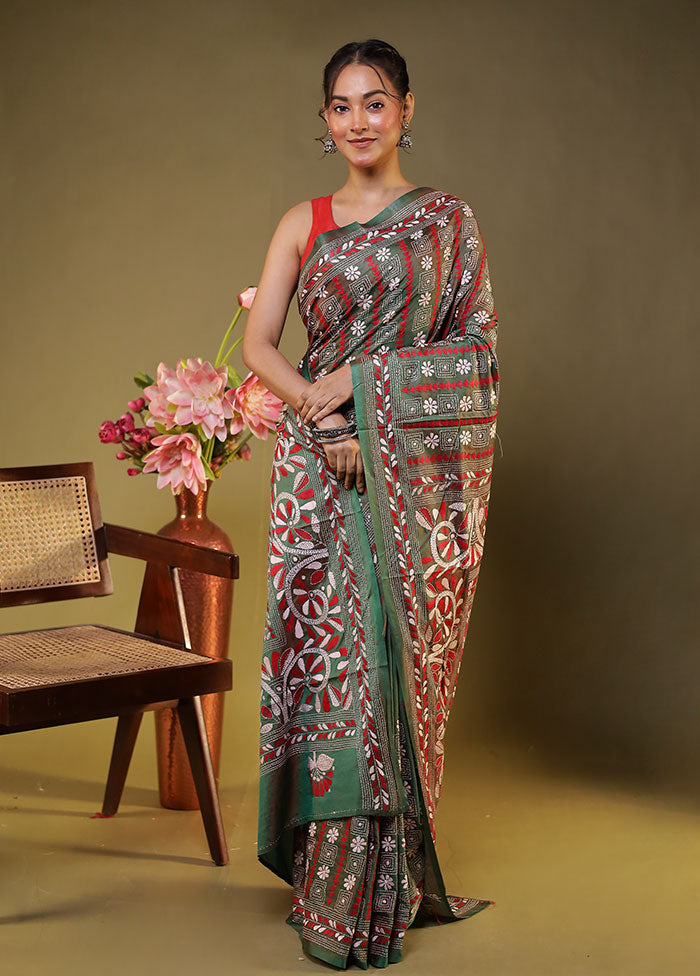 Multicolor Kantha Stitch Silk Saree With Blouse Piece