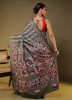 Multicolor Kantha Stitch Silk Saree With Blouse Piece