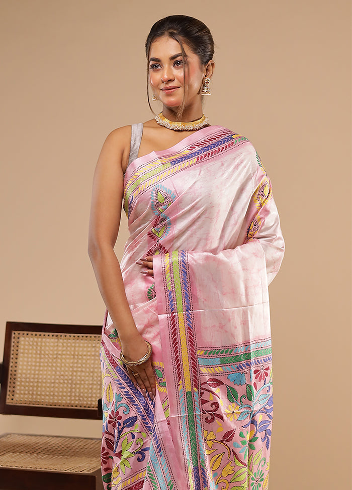 Pink Kantha Stitch Silk Saree With Blouse Piece