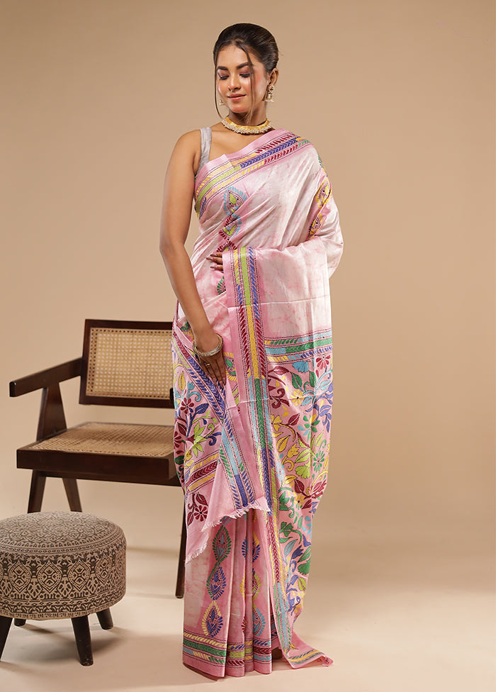 Pink Kantha Stitch Silk Saree With Blouse Piece
