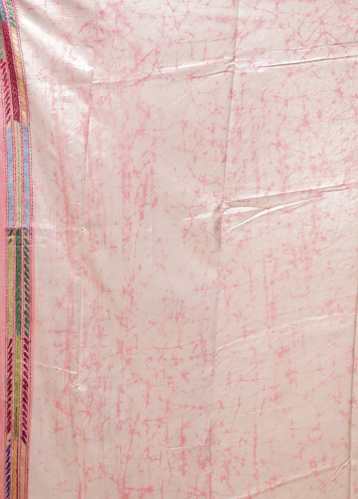 Pink Kantha Stitch Silk Saree With Blouse Piece