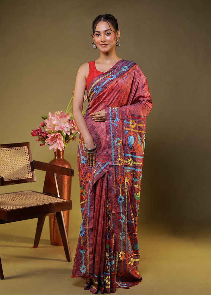 Multicolor Kantha Stitch Silk Saree With Blouse Piece