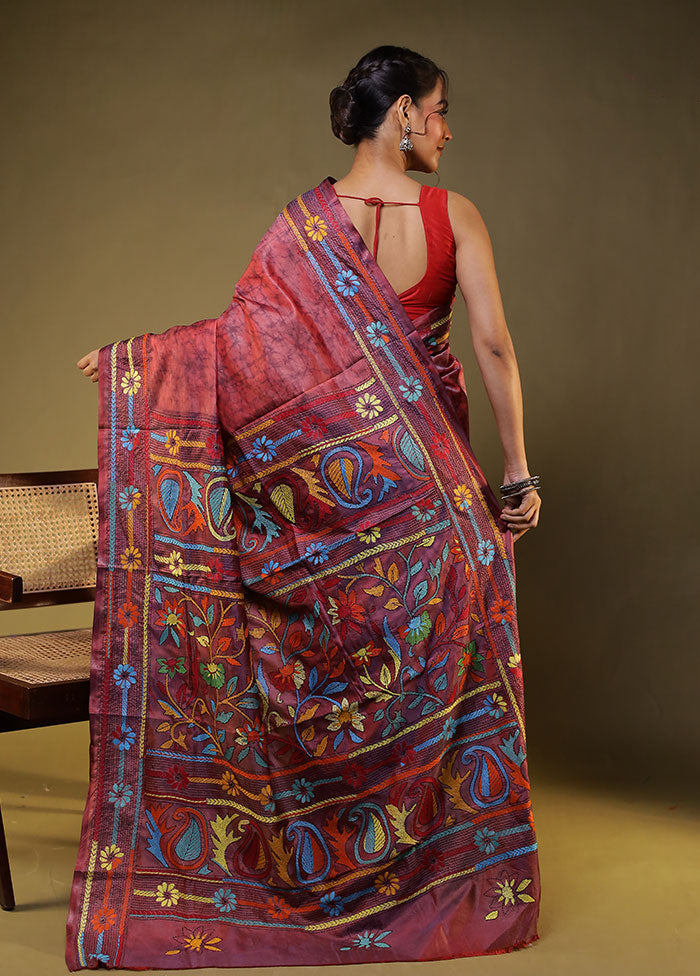 Multicolor Kantha Stitch Silk Saree With Blouse Piece
