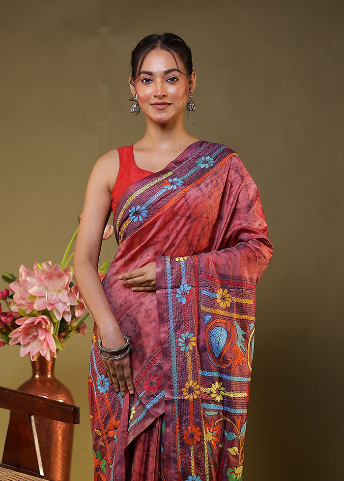 Multicolor Kantha Stitch Silk Saree With Blouse Piece