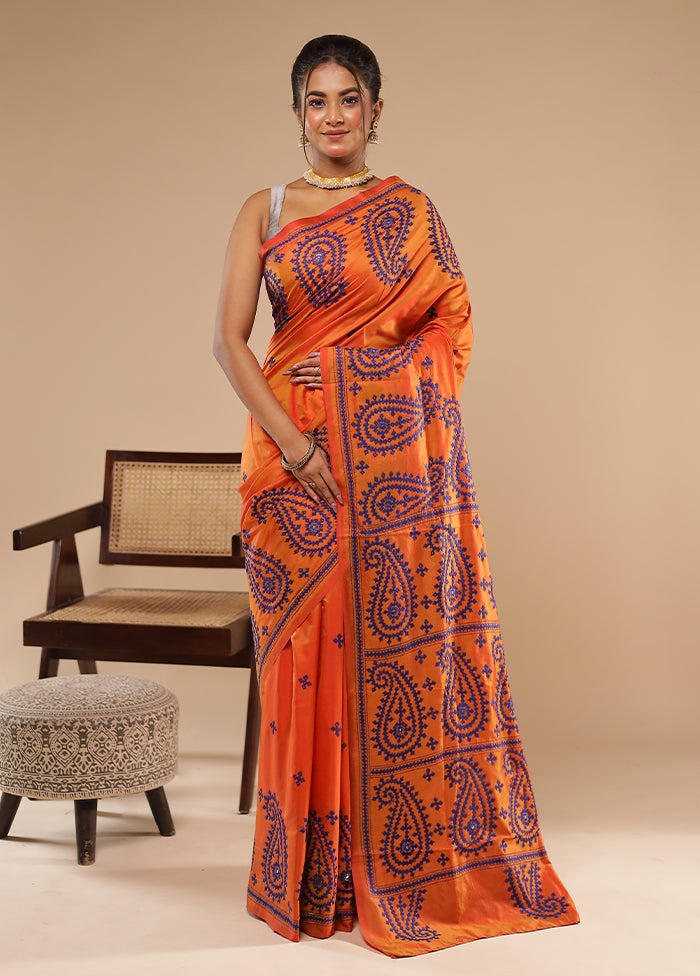 Orange Kantha Stitch Silk Saree With Blouse Piece