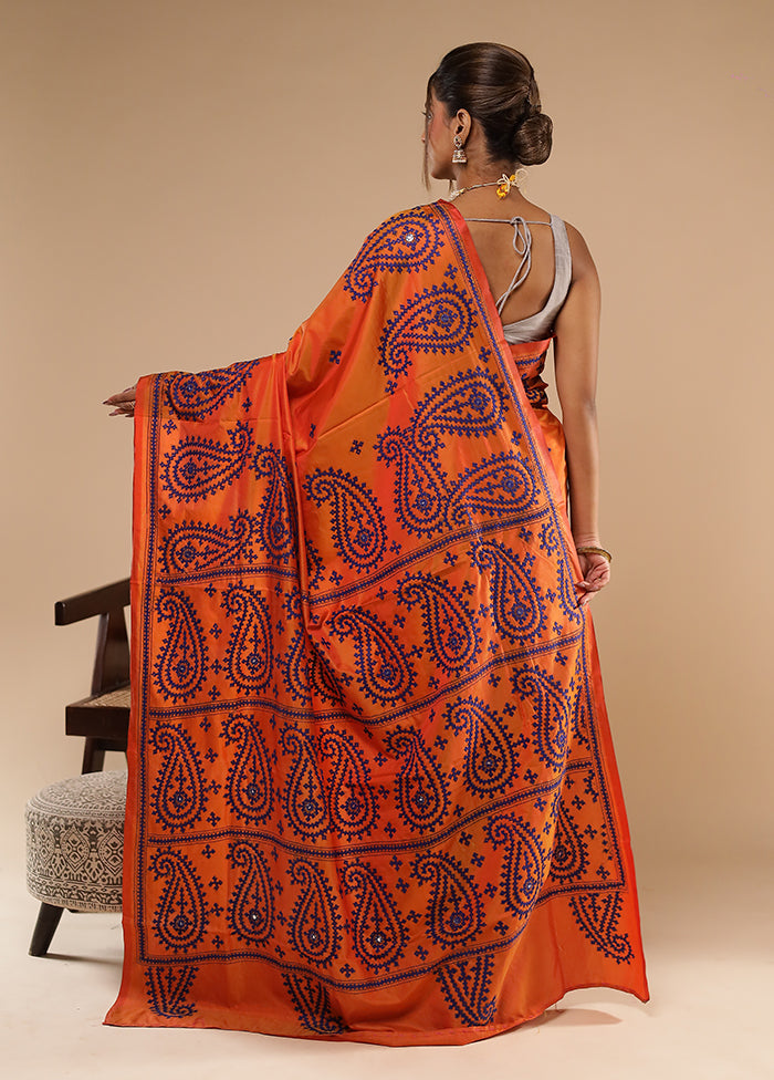 Orange Kantha Stitch Silk Saree With Blouse Piece