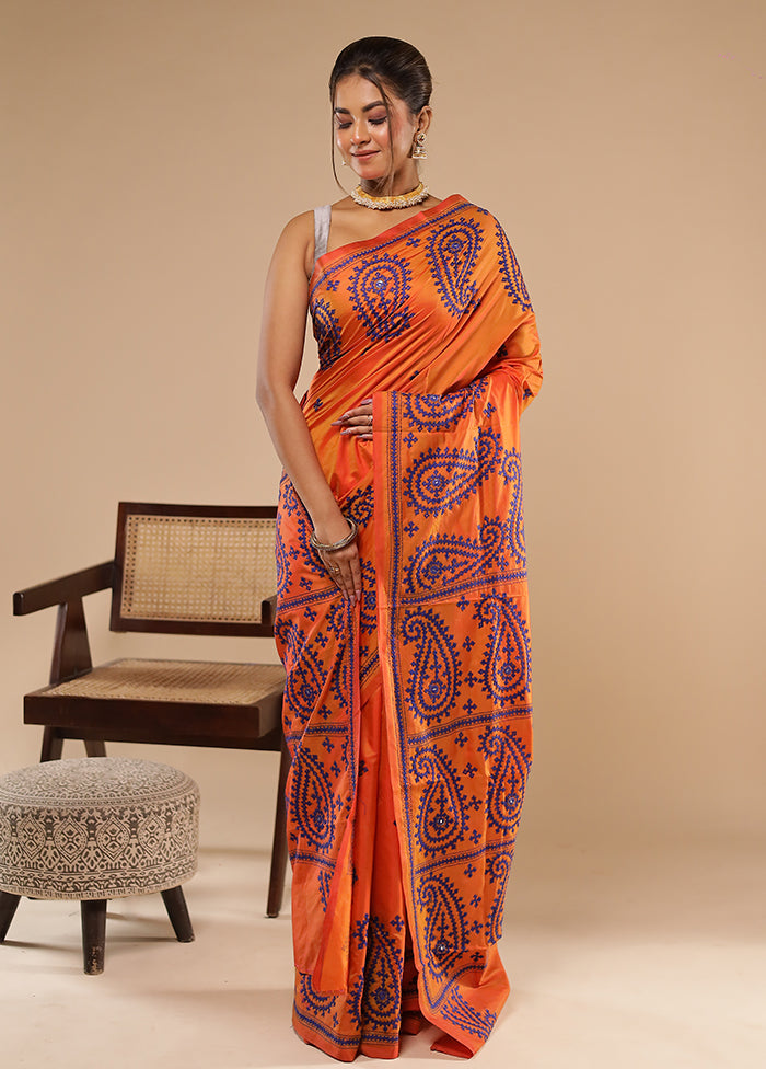 Orange Kantha Stitch Silk Saree With Blouse Piece