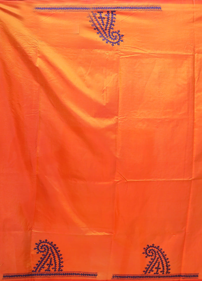 Orange Kantha Stitch Silk Saree With Blouse Piece