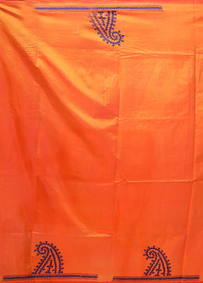 Orange Kantha Stitch Silk Saree With Blouse Piece